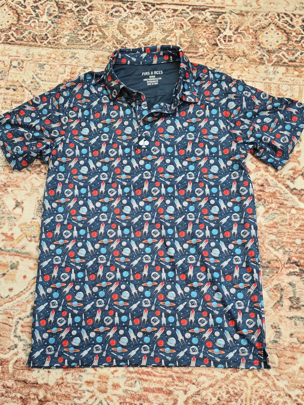 Pins & Aces Men's Navy Space-Print Golf Polo Shirt Medium